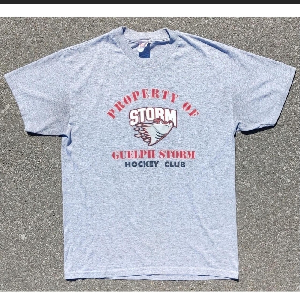 Vtg 90s Guelph Storm OHL Junior Hockey T-Shirt Hanes Heavyweight Grey Medium